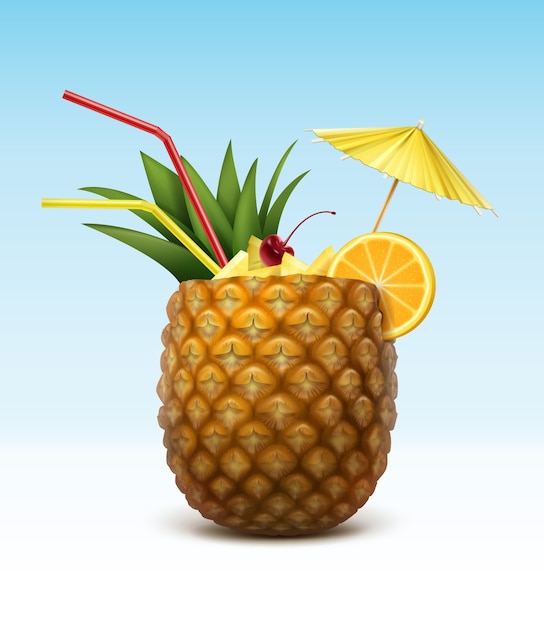 Vector pineapple cocktail garnished with maraschino cherry, orange slice, red straw tubes and yellow umbrella isolated on background