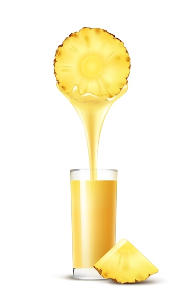 Ломтик ананаса вектор с потоком сока и стакан, изолированные на белом фоне
