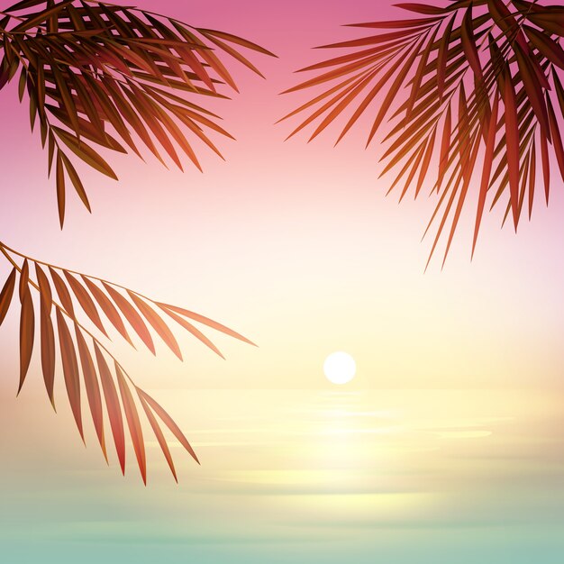 Vector pink blur sunset with sun, azure sea and palm leaves silhouettes