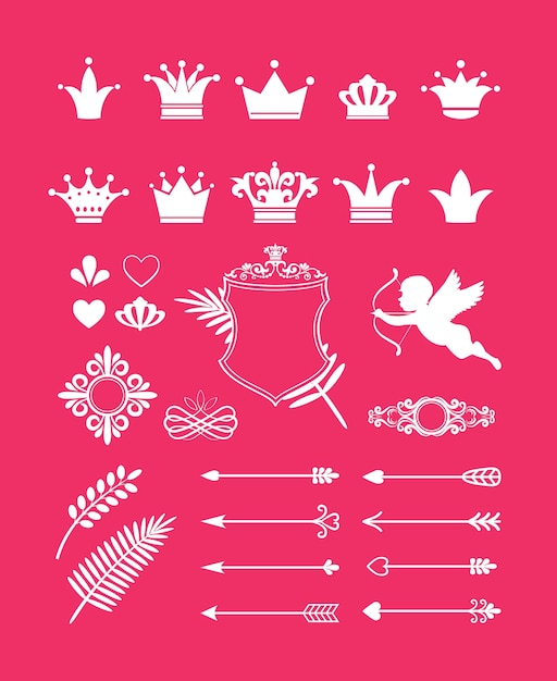 Vector pink decor with crowns, hearts and arrows design elements for princess and glamour