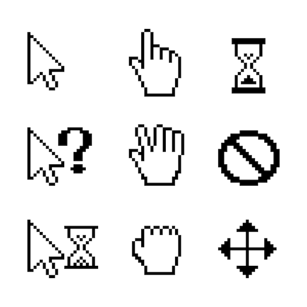 Курсоры векторной пиксельной мыши над белой: стрелка перетаскивания руки