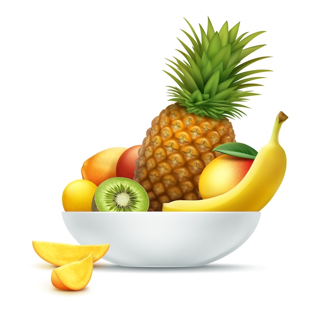 白い背景で隔離のトロピカルフルーツパイナップル、キウイ、マンゴー、パパイヤ、バナナでいっぱいのベクトルプレート