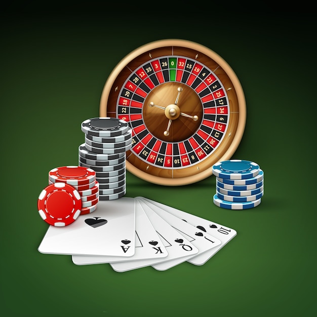 Free vector vector playing cards or royal straight flush, roulette wheel and stacks of red, blue, black casino chips top side view isolated on green background