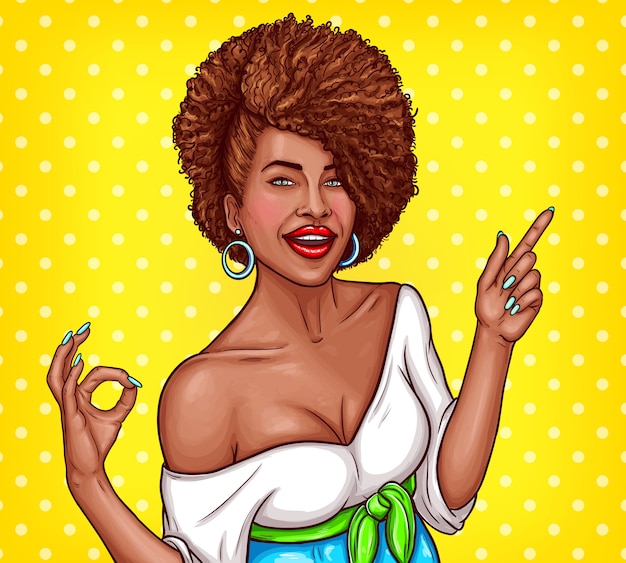 Illustrazione di arte pop di vettore di una donna nera mostra il segno ok e punta il dito verso la direzione