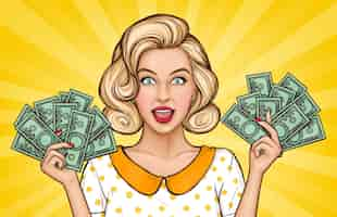 Free vector vector pop art illustration of enthusiastic girl with cash. blonde young woman holds money bills in hands. advertising poster for the announcement of discounts and sales in the style of popart.