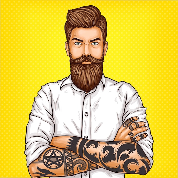 Бесплатное векторное изображение Векторная иллюстрация поп-арт жестокого бородатого мужчины, мачо с тату