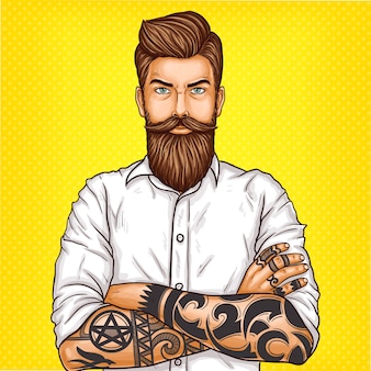Векторная иллюстрация поп-арт жестокого бородатого мужчины, мачо с тату