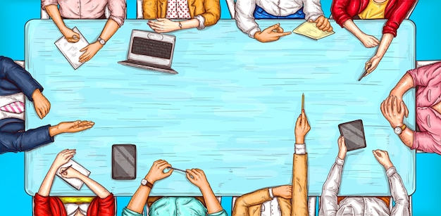 Бесплатное векторное изображение Векторные поп-арт иллюстрации мужчины и женщины, сидя за столом переговоров таблицы вид сверху