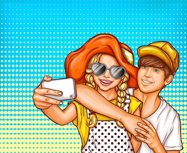 Vettore gratuito illustrazione di arte pop di vettore di una giovane ragazza e ragazzo facendo selfies su uno smartphone.