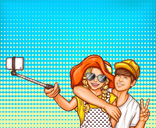 Vettore gratuito illustrazione di arte pop di vettore di una giovane ragazza e ragazzo facendo selfies su uno smartphone.