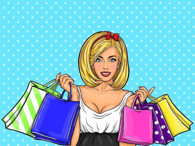Vector pop art illustration of a young sexy happy girl holding shopping bags.