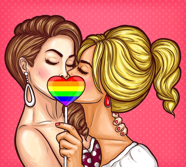 Vector pop art lesbian couple kissing and covering their lips with sign on stick in the form of a rainbow heart