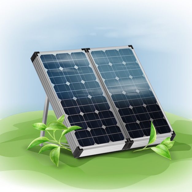 Free vector vector portable isolated solar panels close up with green leafs on background