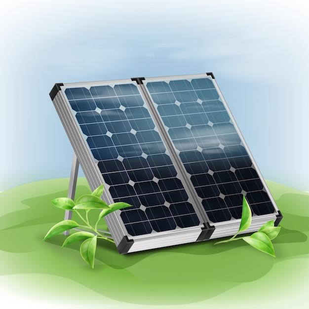Vector portable isolated solar panels close up with green leafs on background