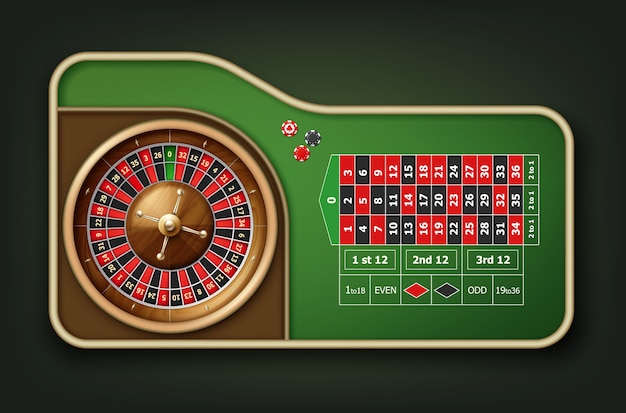 Free vector vector realistic casino roulette table, wheel and chips top view isolated on green background