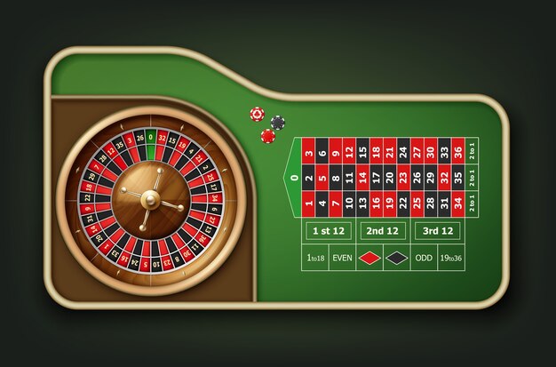 Vector realistic casino roulette table, wheel and chips top view isolated on green background