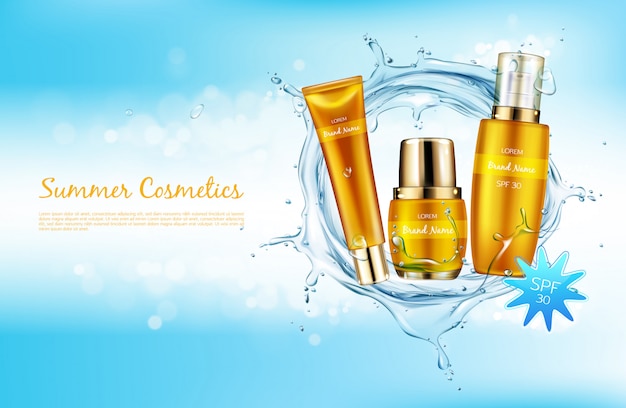 Vector realistic cosmetic background promo banner for summer spf cosmetics.