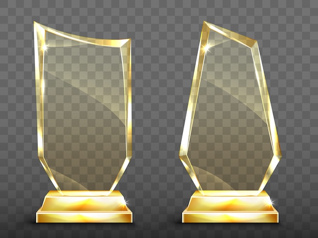 Prix Trophée Glass Set. Vector Cristal 3D Maquette D'attribution  Transparente Avec Le Piédestal Sur Fond