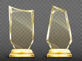 Vettore gratuito premi realistici del trofeo di vetro di vettore su base d'oro