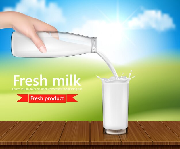 ベクトル現実的なイラスト、牛乳のガラス瓶を持ち、ミルクを注ぐ手で背景