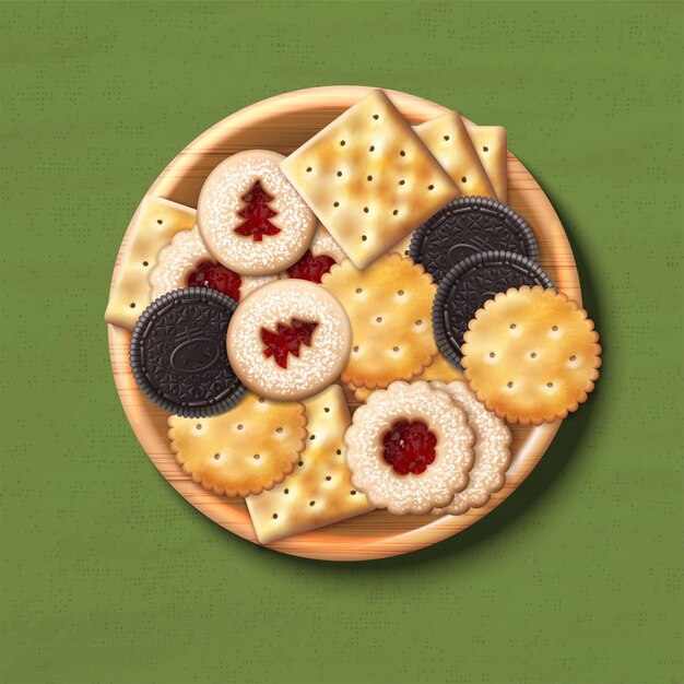 Vector realistic illustration Different types of cookies on the plate Crackers chocolate cookies