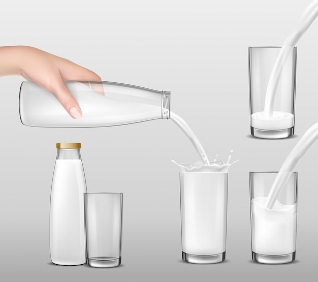 Vector realistic illustration, hand holding a glass bottle of milk and milk pouring into drinking glasses