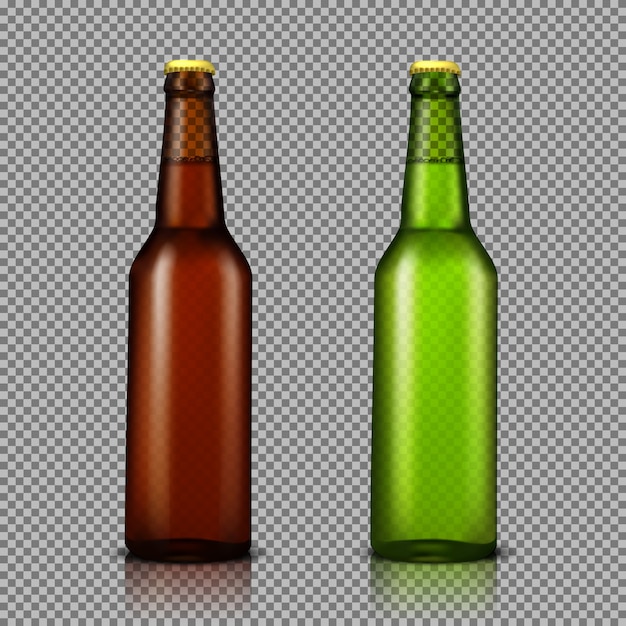 Vettore gratuito vector illustrazione realistica serie di bottiglie di vetro trasparente con bevande, pronto per il marchio