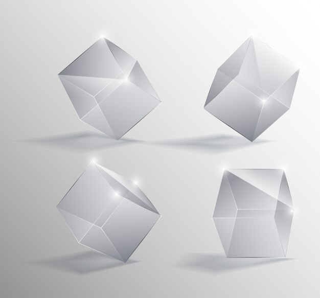 Vector realistic illustration of a transparent glass cubes in different positions