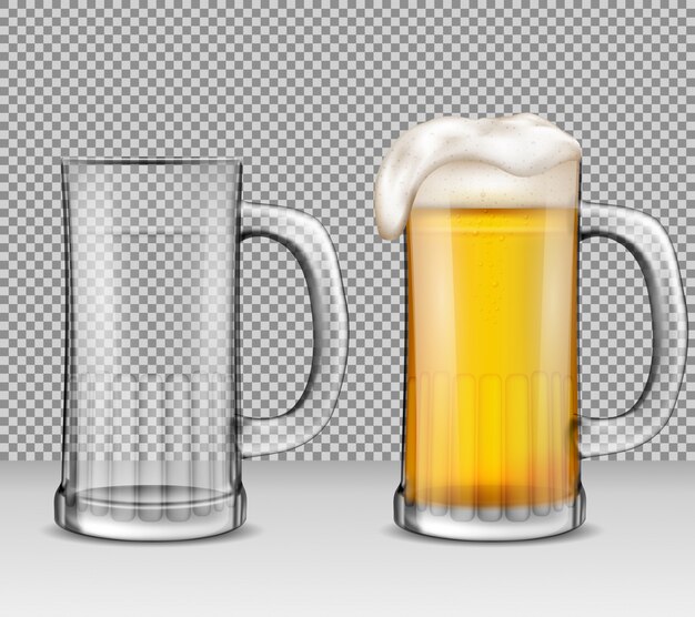 Векторные реалистичные иллюстрации двух прозрачных стеклянных кружек - один полный пива с пеной, другой пуст.
