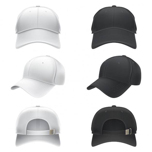 흰색과 검은 색 섬유 야구 모자 앞면, 뒷면 및 측면보기의 벡터 현실적인 그림