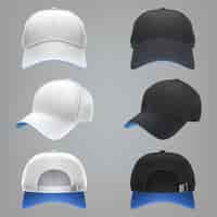 Free vector vector realistic illustration of a white and black textile baseball cap front, back and side view