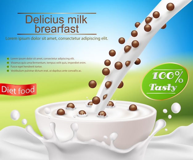 Vector poster realistico con una spruzzata di latte e latte versando in una tazza con una colazione a base di cereali, palle da cereali di cioccolato