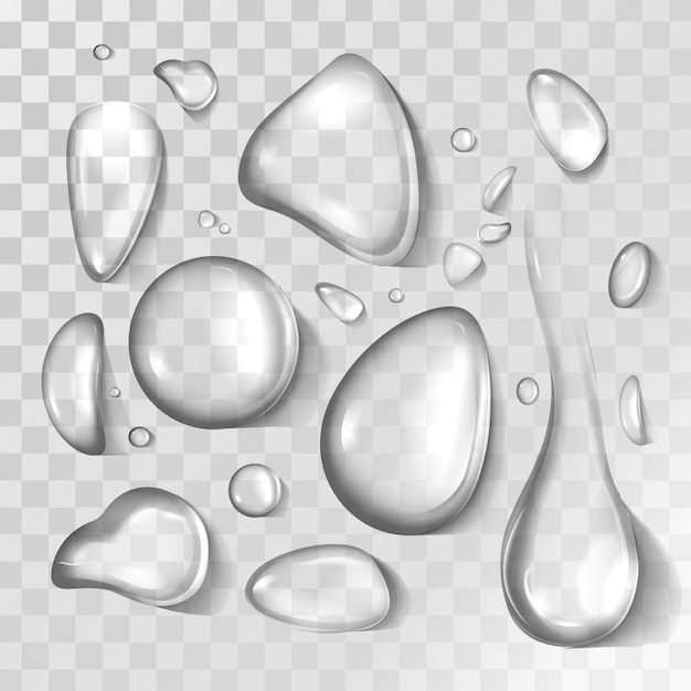 Vector realistic set of liquid droplet different shapes. Pure aqua flows, clear water dew or condensation on cool glass surface. Fresh water drops isolated on transparent background.