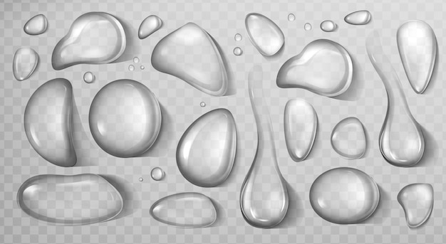 무료 벡터 액체 방울 다른 모양의 벡터 현실적인 세트 순수한 아쿠아는 시원한 유리 표면에 응축된 물을 흐릅니다. 투명한 배경에 격리된 근접 촬영 신선한 물 방울