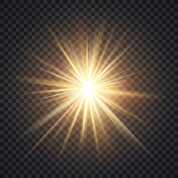 ベクトル現実的なstarburst照明効果、光線と透明な背景に輝く黄色の太陽。 Premiumベクター