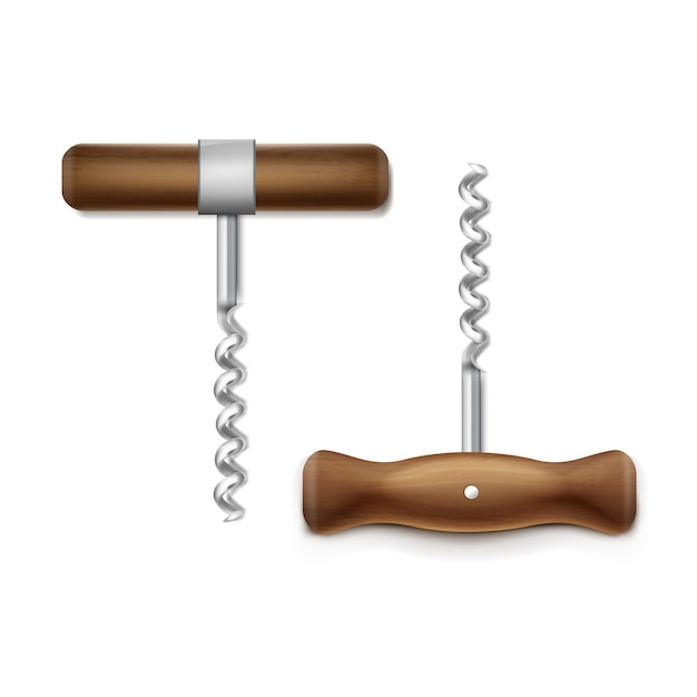 Vector realistic steel corkscrew with different wooden handle isolated on a white background