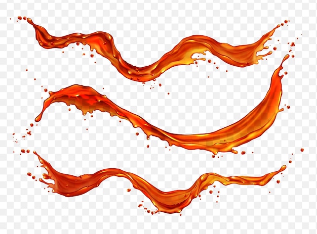 Flusso di spruzzi di succo di frutta liquido rosso arancio vettoriale isolato su sfondo trasparente illustrazione 3d di onda di acqua succosa per icona di fuoriuscita di cocktail tropicale frullato di pomodoro che cade disegno dell'elemento di ricciolo