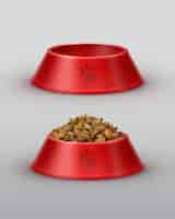 Free vector vector red pets bowls for dry food and water isolated on gray background