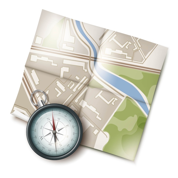 Free Vector vector retro metal pocket compass with travel map top view isolated on white background