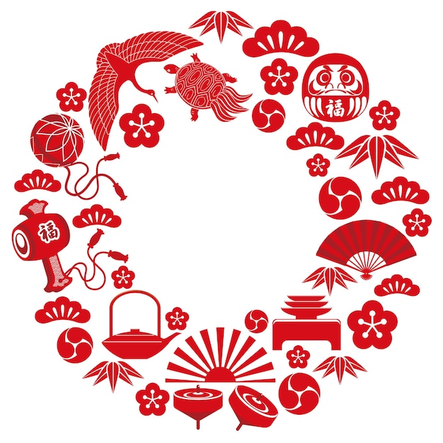 Векторная круглая рамка с японскими талисманами, празднующими Новый год.