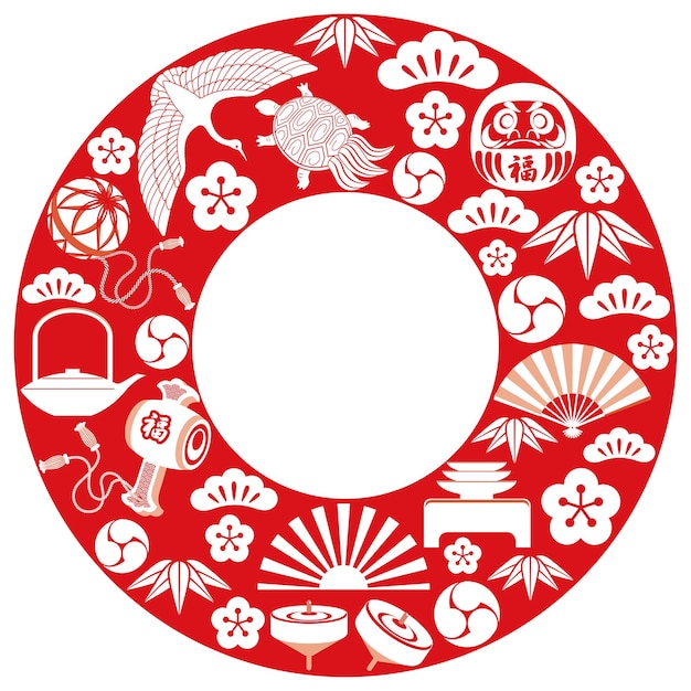 Free vector vector round frame with japanese lucky charms celebrating the new year.