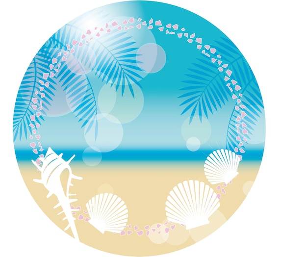 Бесплатное векторное изображение Векторная круглая летняя фоновая иллюстрация с песчаным пляжем и моллюсками с текстовым пространством