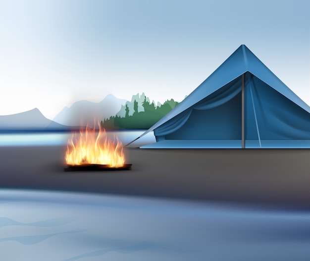 Free vector vector rural landscape with river, mountains, sky, blue tent and bonfire