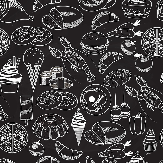 免费矢量无缝的食物放在黑板壁纸。主要用于在餐厅的设计。
