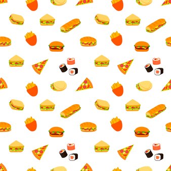 Vector seamless pattern fast food background colorful sandwiches pizza sushi