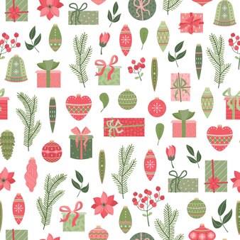 Бесшовный узор вектор рождественских растений, рождественских игрушек, растений и цветов