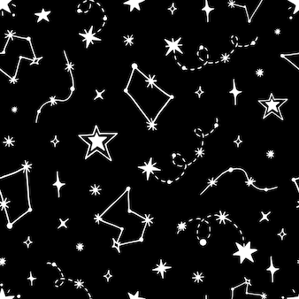 Бесшовный узор вектор ночного звездного неба. для дизайна поверхностей, принтов, оберточной бумаги, открыток, плакатов, полиграфии. тема космос, день космонавтики, астрономия, небо, звезды