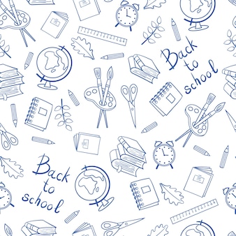 Vector seamless pattern on a school theme: schoolchildren and supplies for study. blue outline on a white background. for packaging design, covers, textile printing