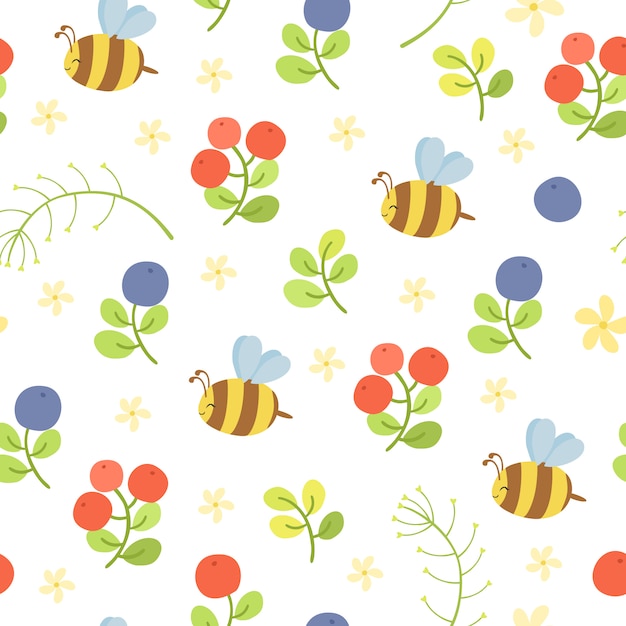 бесшовный узор вектор с пчелами и ягодами