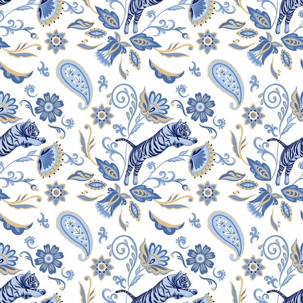 Vector seamless pattern with blue nordic tigers and abstract asian flowers and leaves